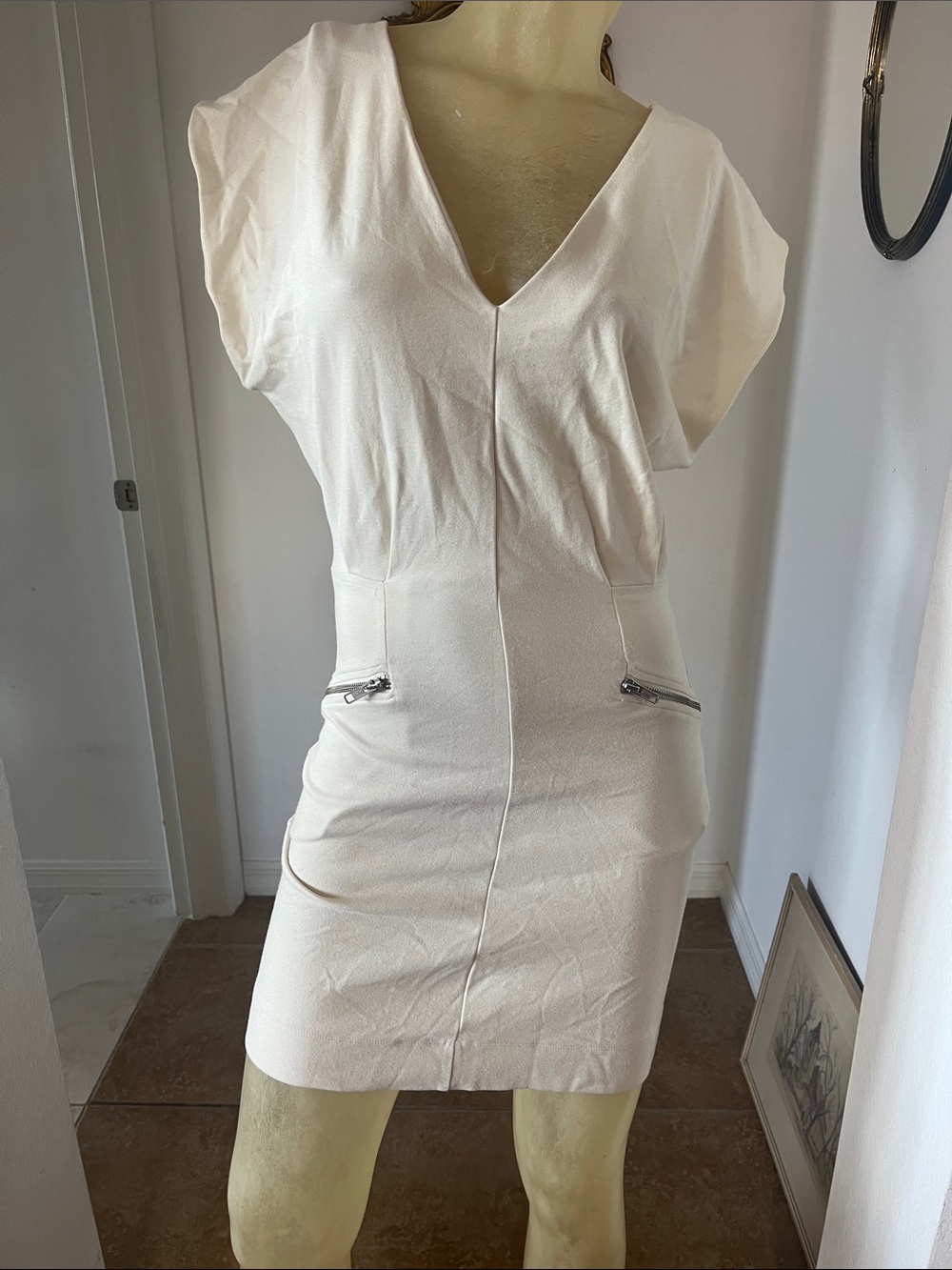 French Connection Cream V-Neck Mini Dress with Zip Pockets